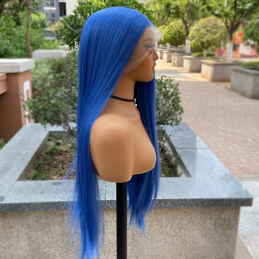 Peluca de color frontal con encaje de fibra, recta, 13 x 4 pulgadas, color azul marino profundo