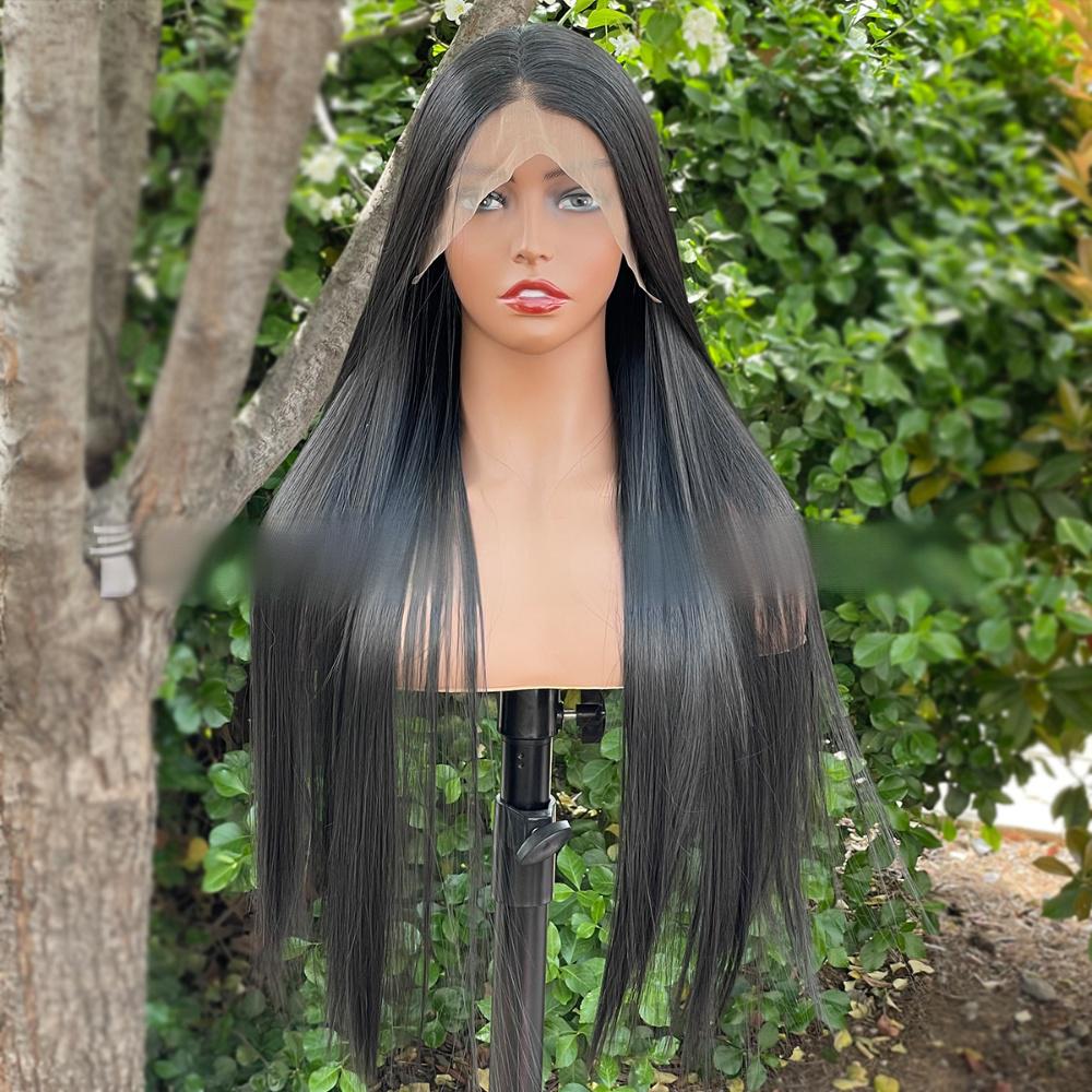 Peluca frontal de encaje de fibra de color liso --- 13*6 --- color negro natural