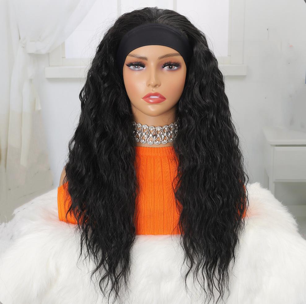 Long wavy fiber wig hair ribbon black wool curl