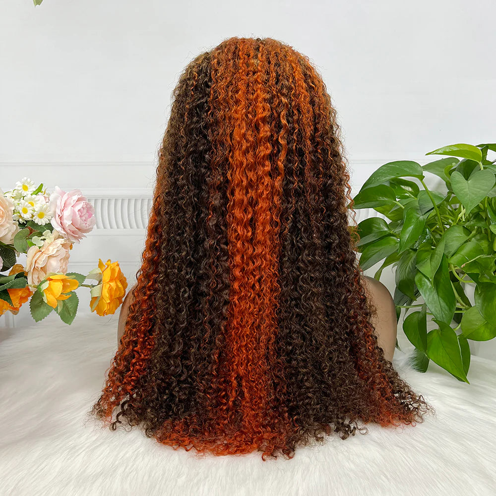 Kinky curly color #P4/350, 13x4 Lace Frontal wig 100% Virgin Human Hair Transparent  LACE Wig 180% density