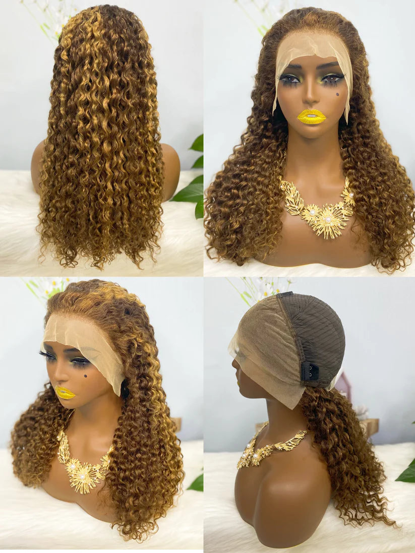 Jerry curly color #4/golden, 13x4 Lace Frontal wig 100% Virgin Human Hair Transparent  LACE Wig 180% density