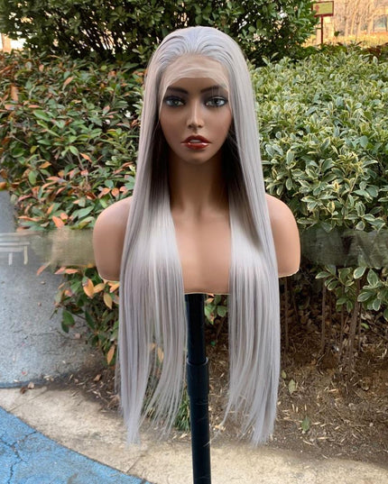 Synthetic lace frontal color wig straight---13*4---medium gray color---- pay 1 get 2