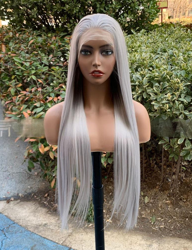 Synthetic lace frontal color wig straight---13*4---medium gray color---- pay 1 get 2