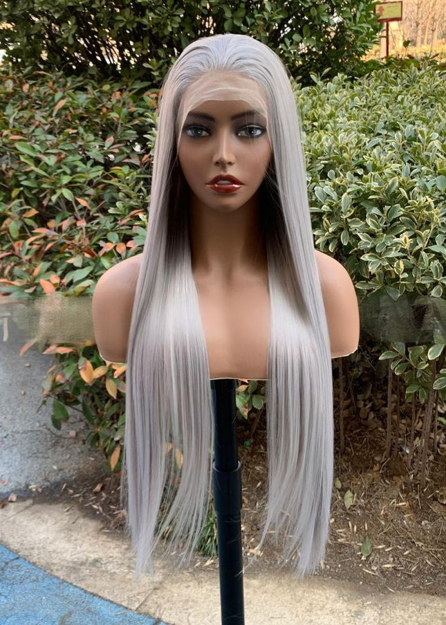 Synthetic lace frontal color wig straight---13*4---medium gray color---Compre 1 leve 2