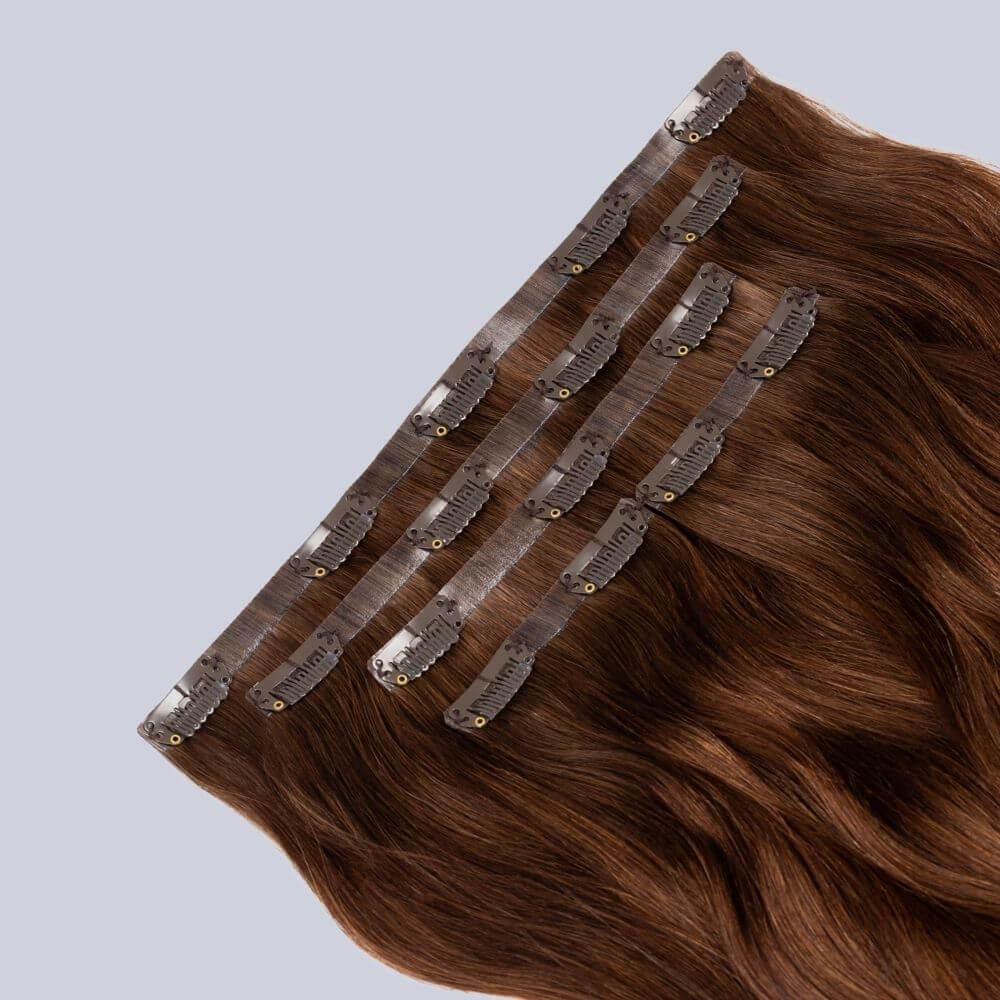 PU clip hair extensions--Medium brown color