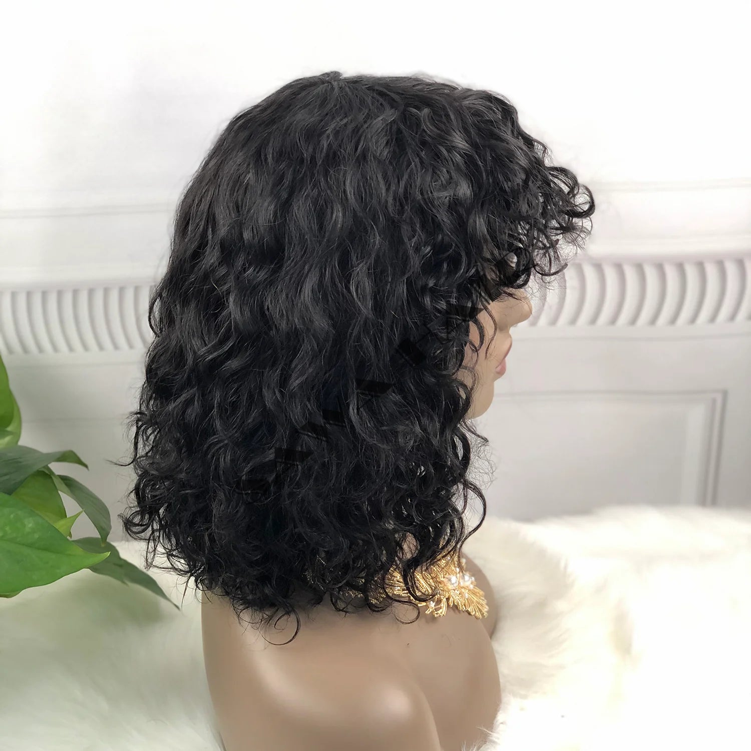 Water  wave -- natural black color --full machine made wig with bang