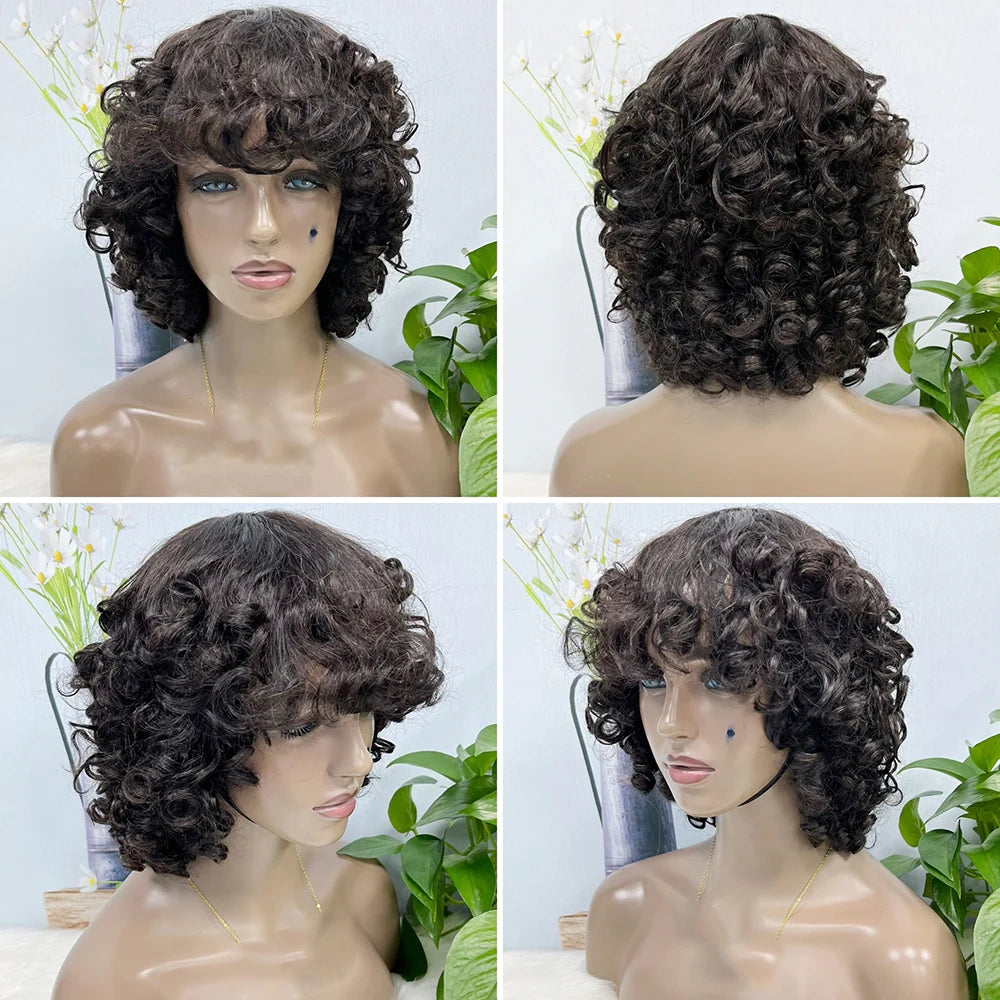 Fumi curl -- natural black color--full machine made wig with bang