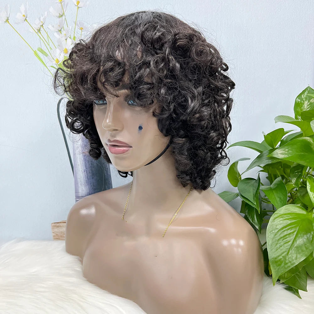 Fumi curl -- natural black color--full machine made wig with bang