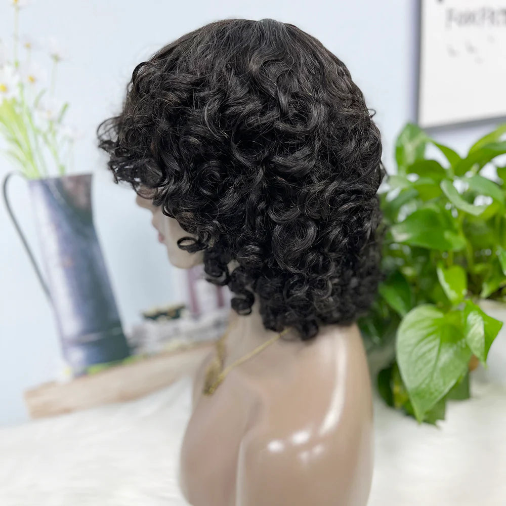 Fumi curl -- natural black color--full machine made wig with bang