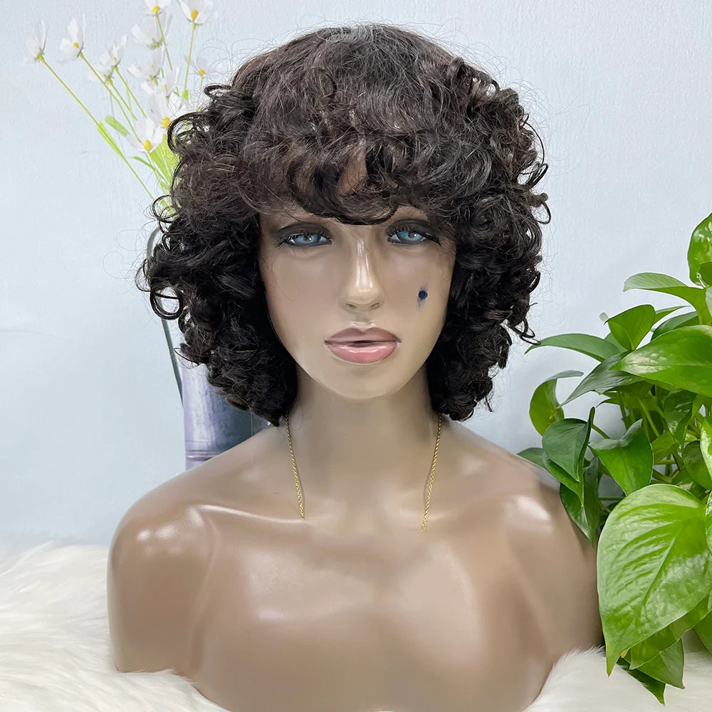 Fumi curl -- natural black color--full machine made wig with bang