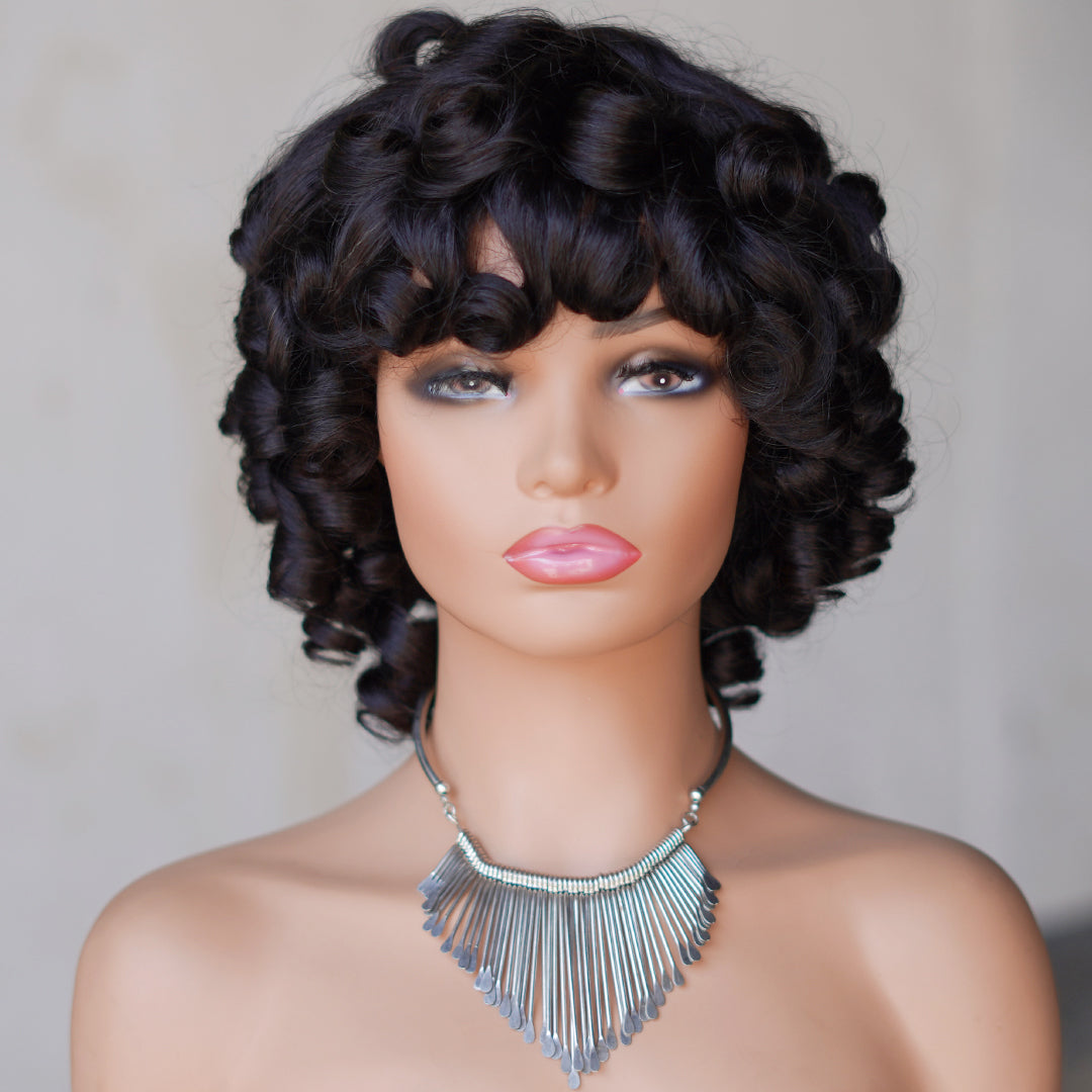 Natural black color--full machine made wig with bang---ZZY031