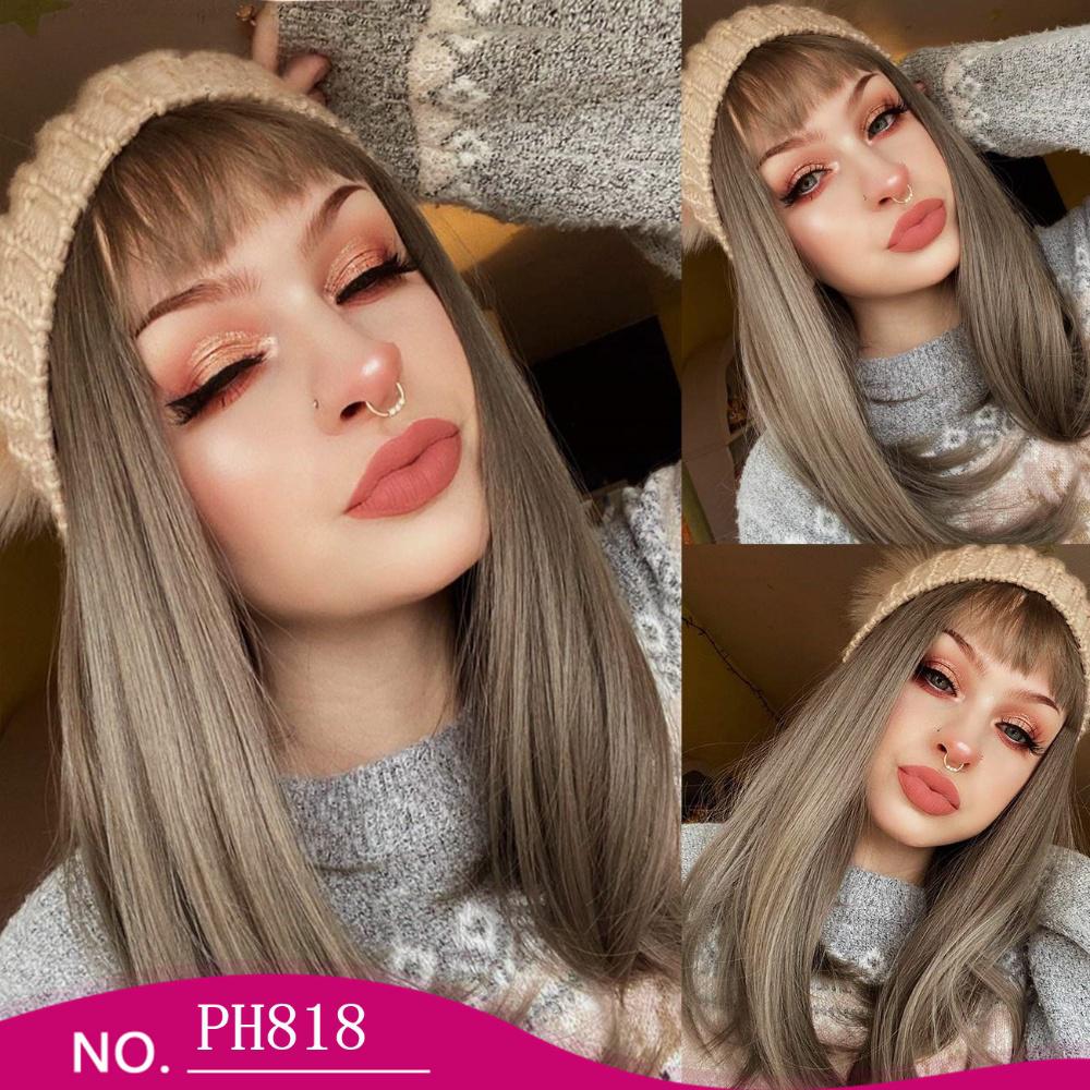 Fiber wig for women with straight hair, evenly parted bangs