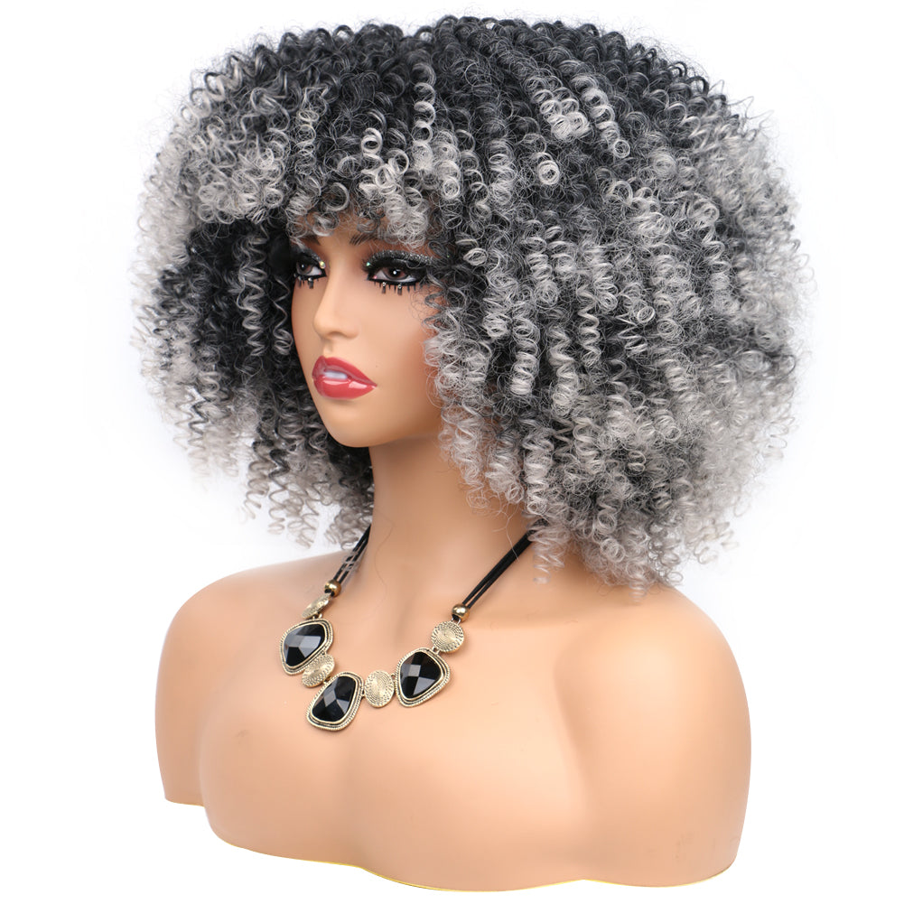 Fiber Small Roll Afro Kinky Curly Wig Short Fluffy-- 1b/grey color