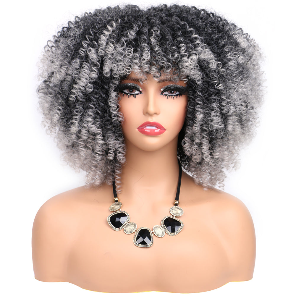 Fiber Small Roll Afro Kinky Curly Wig Short Fluffy-- 1b/grey color