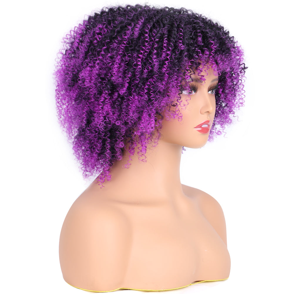 Fiber Small Roll Afro Kinky Curly Wig Short Fluffy-- 1b/purple color