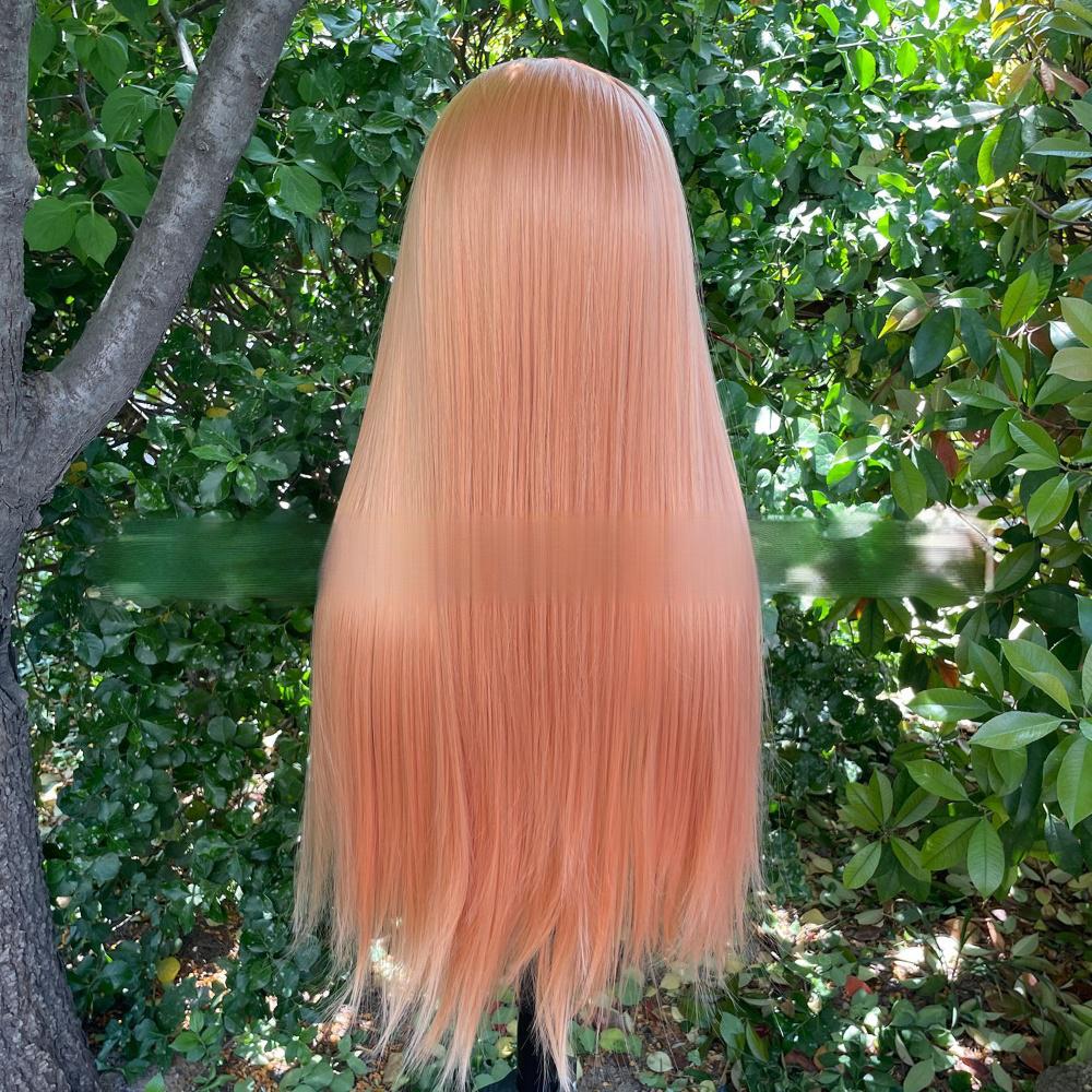 Peluca de color frontal con encaje de fibra, recta, 13 x 4 pulgadas, color rosa melocotón