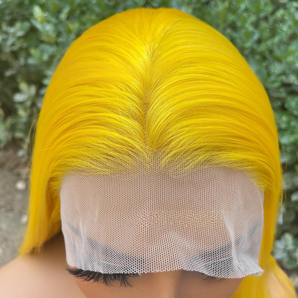 Peluca frontal de encaje de fibra de color liso --- 13*4 --- color amarillo