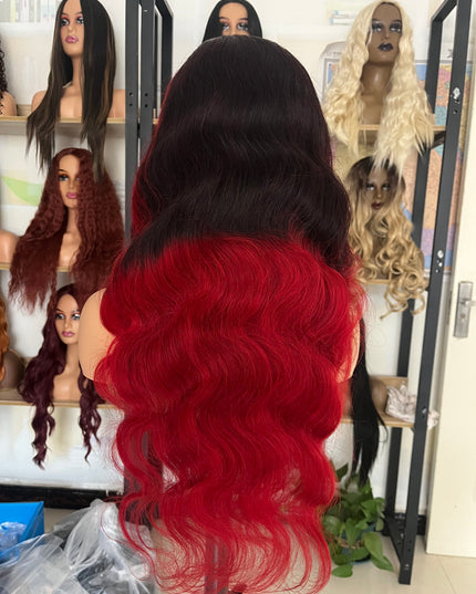Human Hair Wig 12A Body Wave highlight natural black and red color