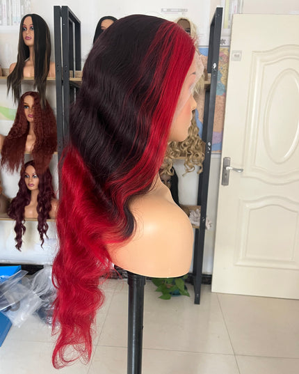 Human Hair Wig 12A Body Wave highlight natural black and red color