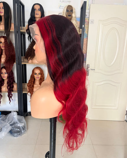 Human Hair Wig 12A Body Wave highlight natural black and red color
