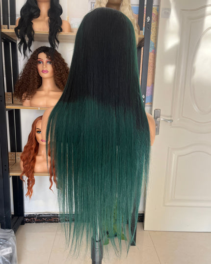 Human Hair Wig 12A straight ombre black/green color