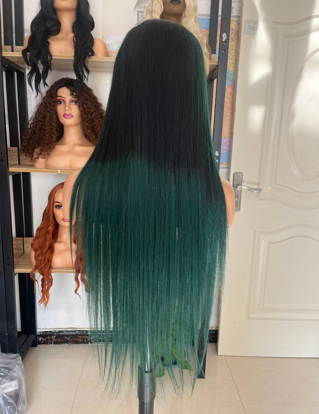 Human Hair Wig 12A straight ombre black/green color
