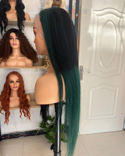 Human Hair Wig 12A straight ombre black/green color