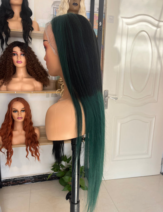 Human Hair Wig 12A straight ombre black/green color