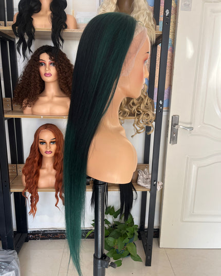 Human Hair Wig 12A straight ombre black/green color