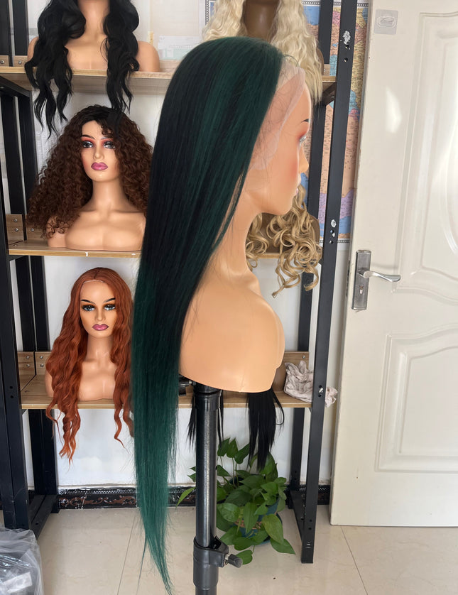 Human Hair Wig 12A straight ombre black/green color