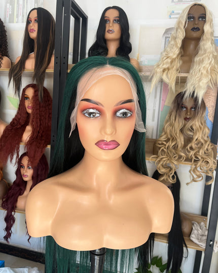 Human Hair Wig 12A straight ombre black/green color