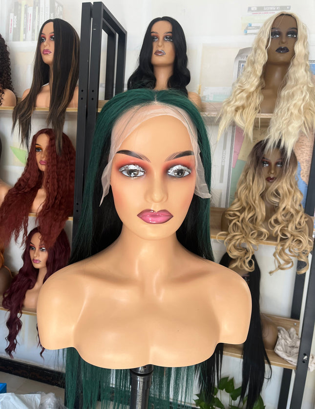 Human Hair Wig 12A straight ombre black/green color