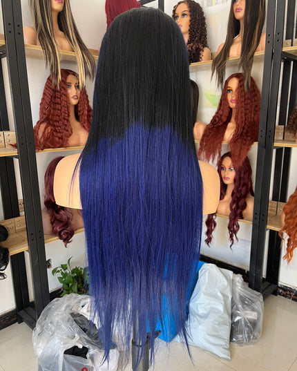 Human Hair Wig 12A straight ombre black/ dark blue color