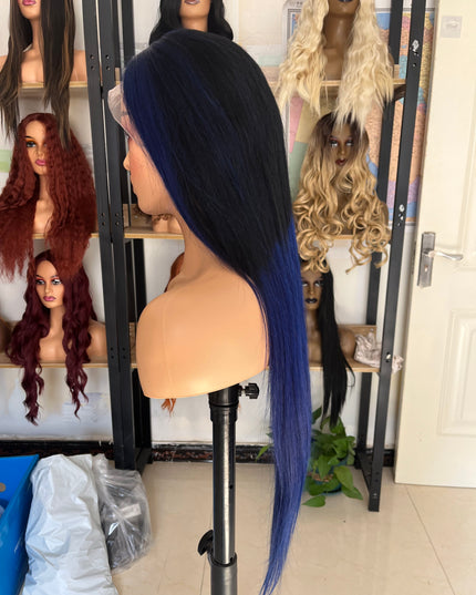 Human Hair Wig 12A straight ombre black/ dark blue color