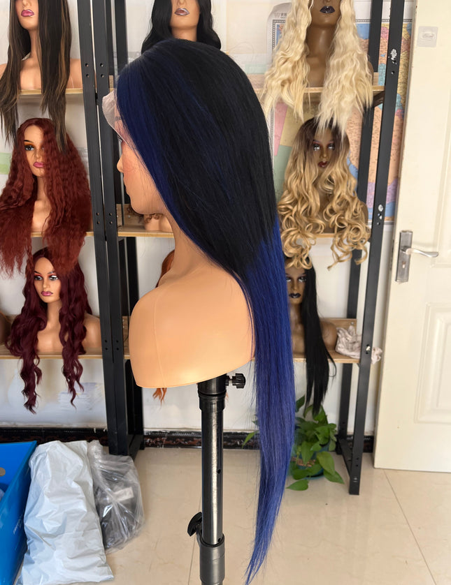 Human Hair Wig 12A straight ombre black/ dark blue color
