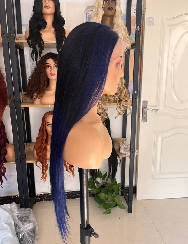 Human Hair Wig 12A straight ombre black/ dark blue color