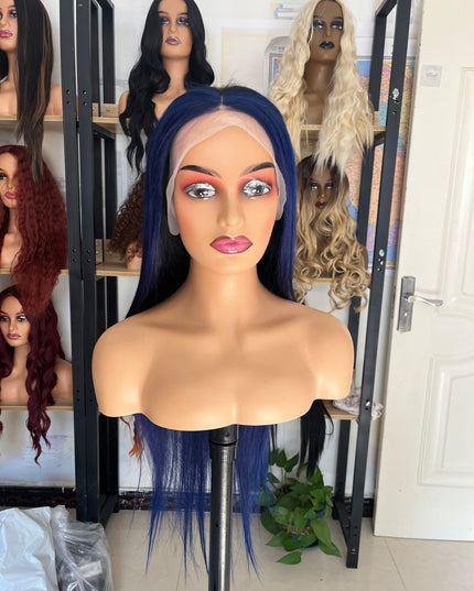 Human Hair Wig 12A straight ombre black/ dark blue color