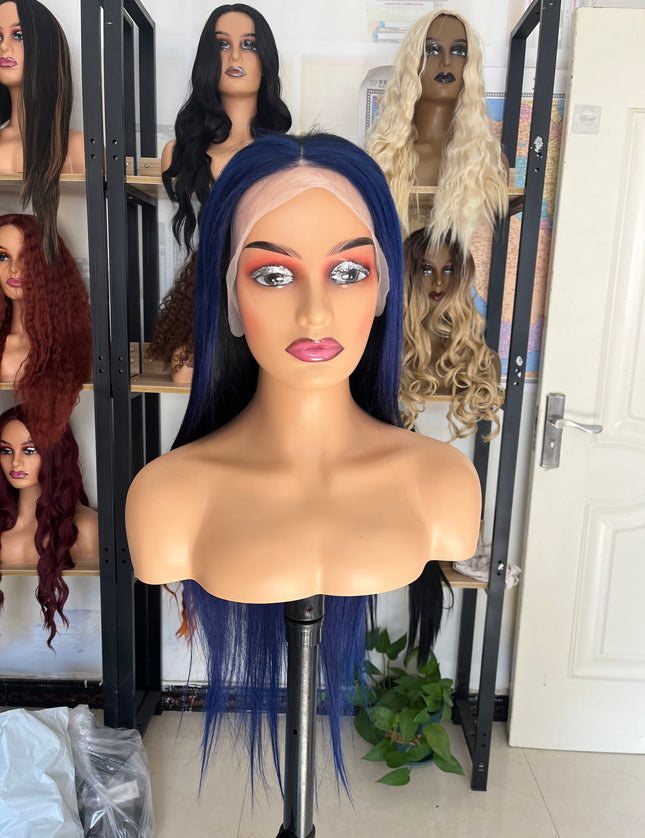 Human Hair Wig 12A straight ombre black/ dark blue color
