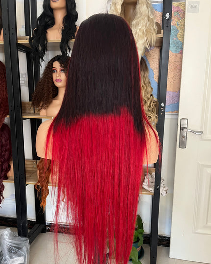 Human Hair Wig 12A straight highlight natural black and red color