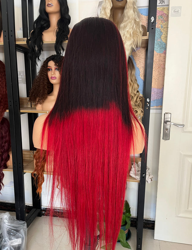 Human Hair Wig 12A straight highlight natural black and red color