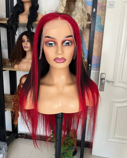 Human Hair Wig 12A straight highlight natural black and red color