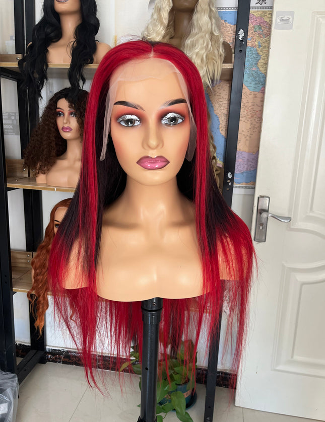 Human Hair Wig 12A straight highlight natural black and red color
