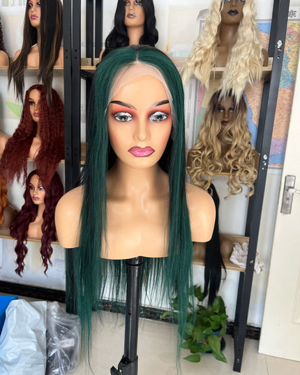 Human Hair Wig 12A straight ombre black/green color