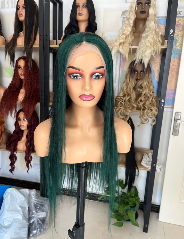 Human Hair Wig 12A straight ombre black/green color