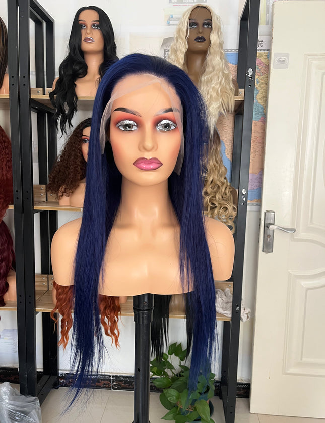 Human Hair Wig 12A straight sea blue color