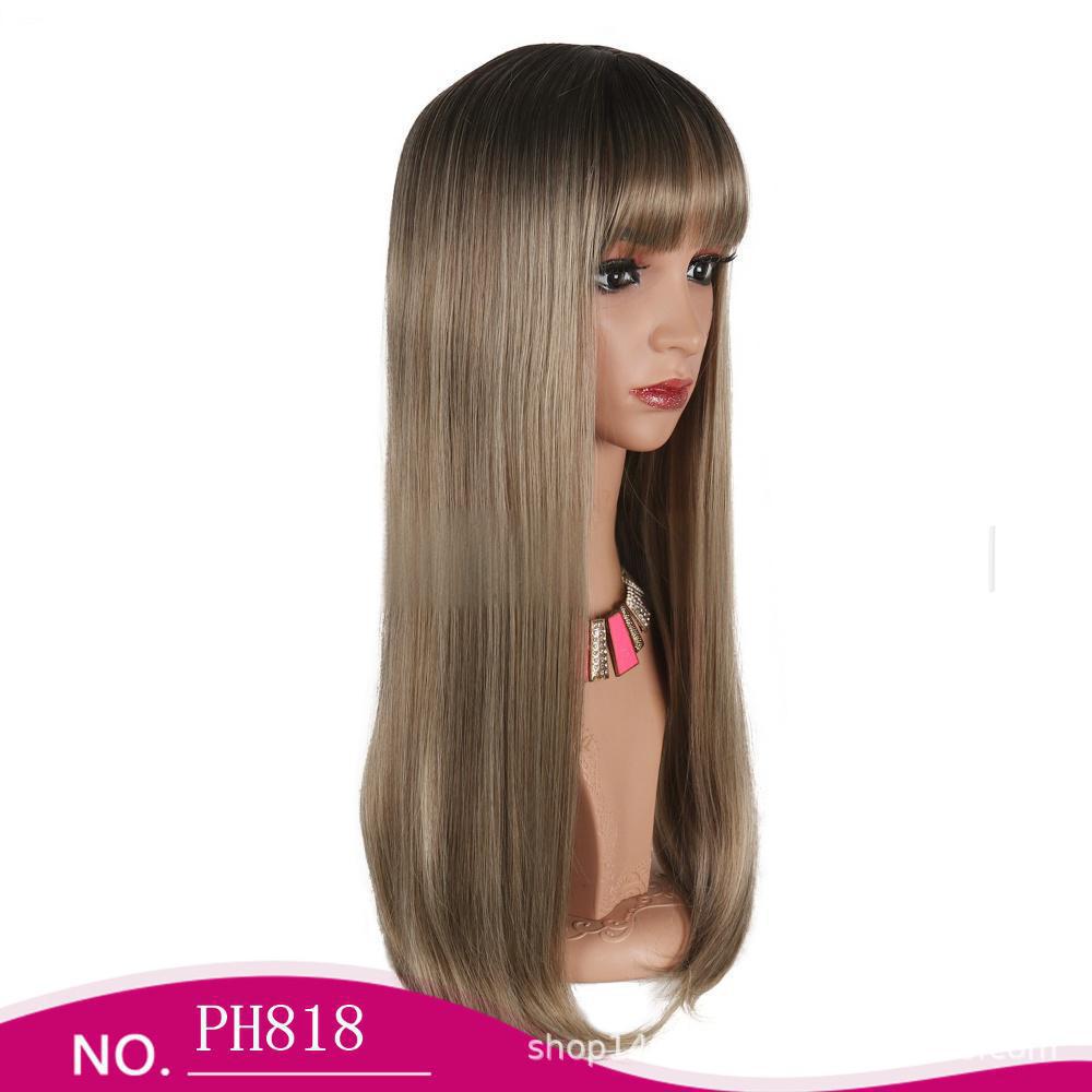Fiber wig for women with straight hair, evenly parted bangs