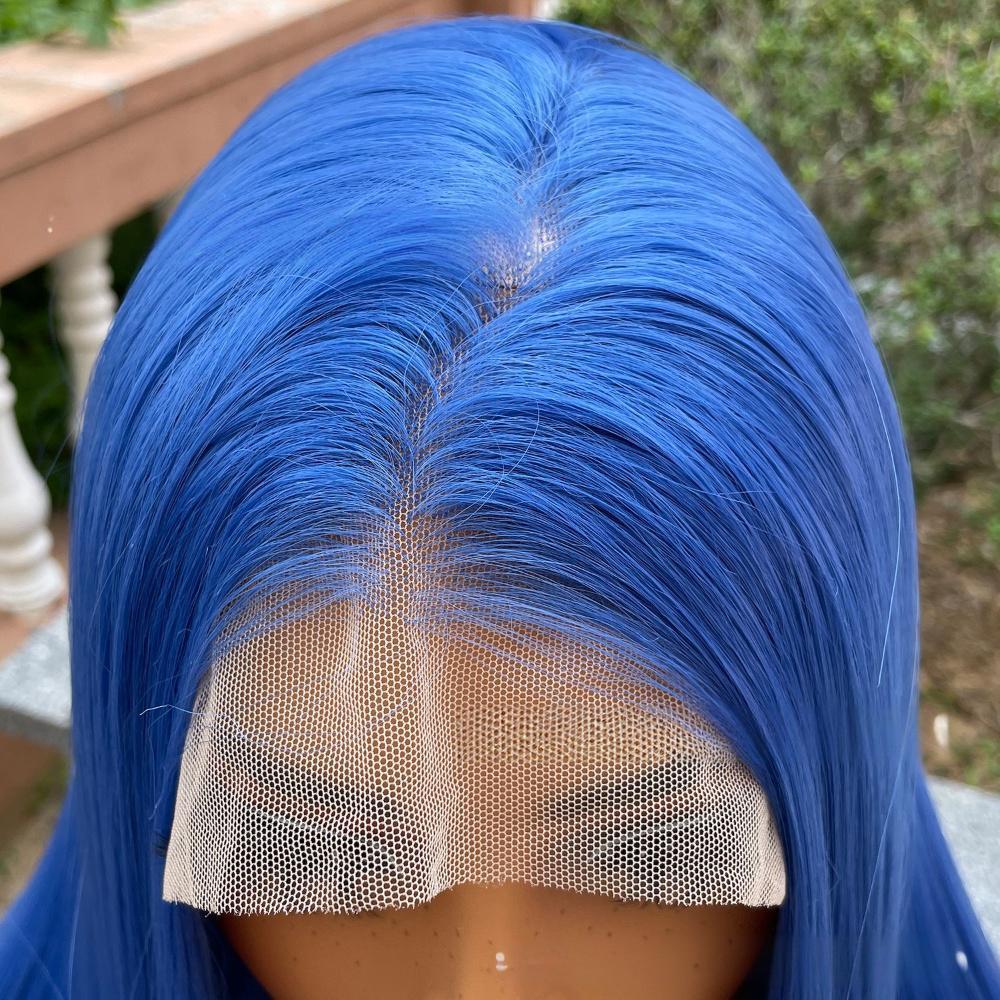 Peluca de color frontal con encaje de fibra, recta, 13 x 4 pulgadas, color azul marino profundo