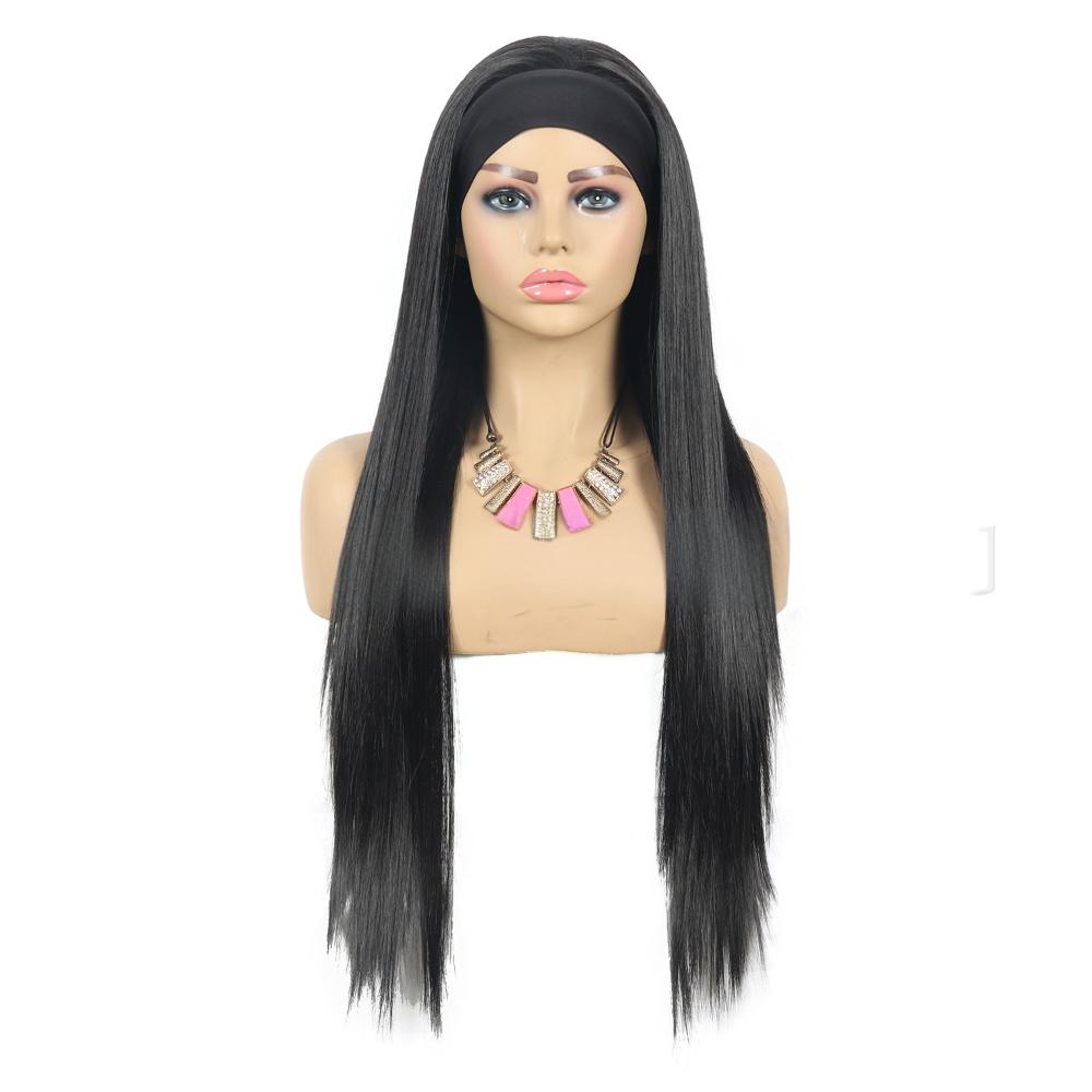 Long straight fiber wig with ice headband for women