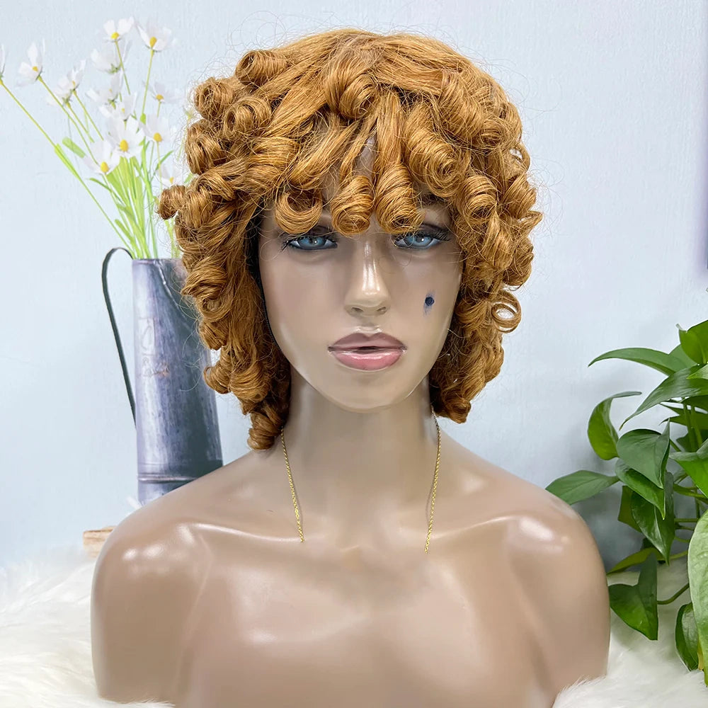 Funmi curl-- color #8--full machine made wig with bang