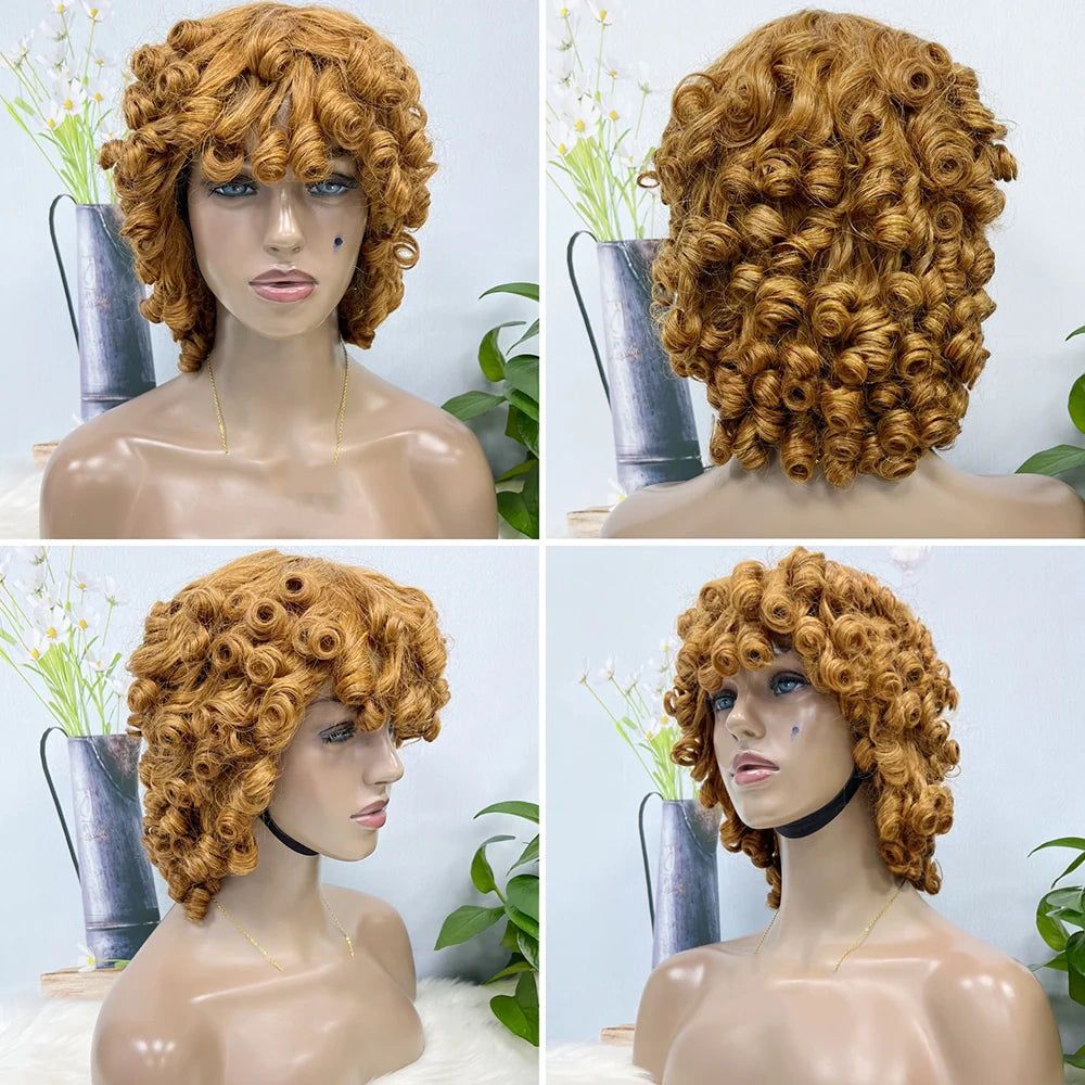 Funmi curl-- color #8--full machine made wig with bang